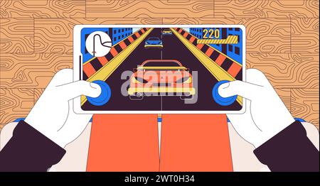 Person playing racing videogame 2D linear illustration concept Stock Vector
