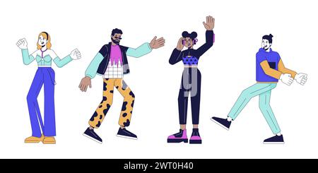Disco party dancers group 2D linear cartoon characters set Stock Vector