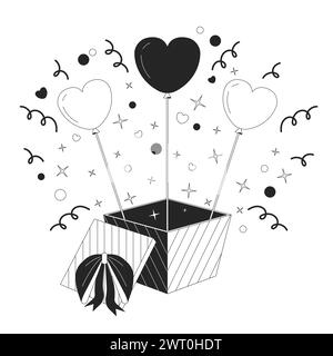 Confetti heart balloons out of gift box black and white 2D line cartoon object Stock Vector