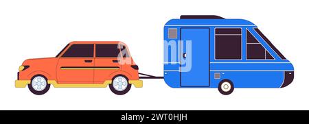 Car pulling trailer 2D linear cartoon object Stock Vector