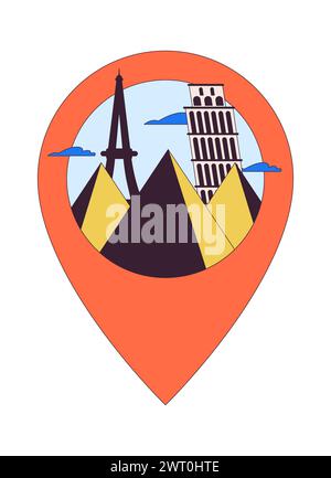 Famous monuments pin location 2D linear cartoon object Stock Vector