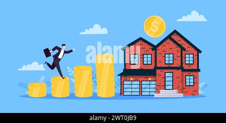 Mortgage saving money to buy a house flat style design business concept. Real estate property or mortgage loan investment. Businessman climbs money co Stock Vector