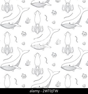 Undersea seamless pattern in line art style. Sea animals squid, blue whale, coral, seashell and seaweed. Vector illustration on a white background. Stock Vector