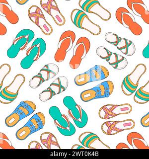 Seamless pattern with casual summer shoes in cartoon style. Flip-flops, sandals, slippers design for wallpaper, textile. Vector illustration on a Stock Vector