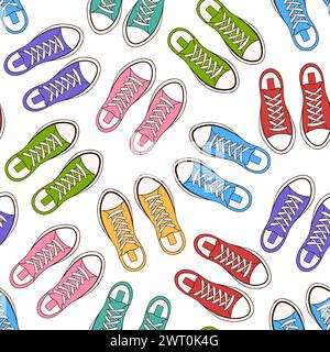 Cartoon style shoes sneakers seamless pattern. Hand drawn design with male and female footwear. Vector illustration on a white background. Stock Vector