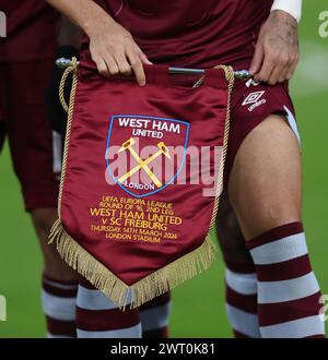 London, UK. 14th Mar, 2024. The match pennant during the UEFA Europa League Round of 16 match at the London Stadium, London. Picture credit should read: David Klein/Sportimage Credit: Sportimage Ltd/Alamy Live News Stock Photo