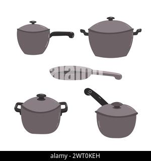 Vector set of kitchen pans with lids. Flat style. Stock Vector