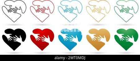 vector illustration colorful set of Hands and heart icons isolated on white background for Presentations, decks, User interface experience, Stock Vector