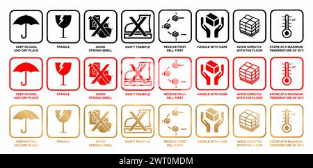 illustration a eight or 8 icons conceptual Fragile types of words set with three or 3 colors for warning handle with care logistics, delivery shipping Stock Vector