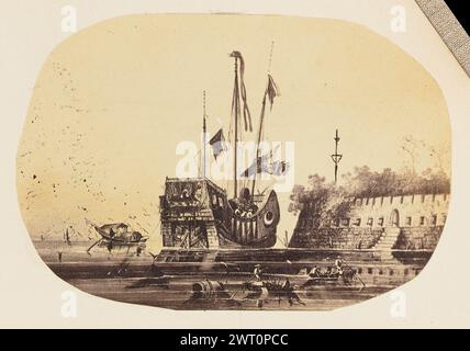 Photographic Copy of a Drawing of a Moored Ship Next to a Fort. Unknown, photographer about 1864 Photograph of a print showing a large ship with three masts, moored next to a fort. Visible in the foreground are small boats with on board shelter, similar in design to the East Asian sampan boats, paddled with long sculling oars. Stock Photo