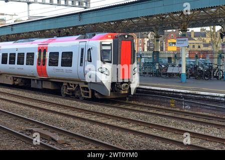 New Transport For Wales CAF Class 197 DMU train at Newport Railway Station, Wales, Feb 2024 Stock Photo