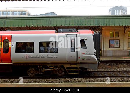A new Transport For Wales CAF Class 197 DMU train at Cardiff Central Railway Station, Feb 2024 Stock Photo