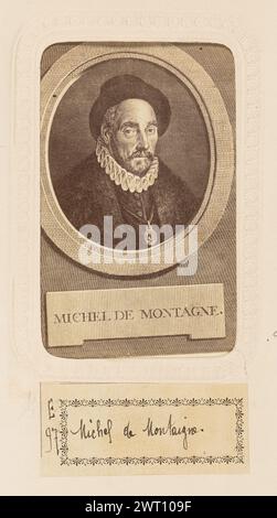 Michel de Montaigne. Unknown, photographer about 1870 A portrait of Michel Eyquem de Montaigne, a French philosopher also known as Lord of Montaigne. He is depicted wearing a hat and an Elizabethan ruff. (Verso, print) center, black ink: 'No 1216'; (Recto, album page) lower center, below image, black ink on white paper label: 'E/97 [space] Michel de Montaigne.'; Stock Photo