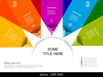 Vector multipurpose Infographic template made from title in big circle and five color pyramid arrow items with icons titles and descriptions. Multipur Stock Vector