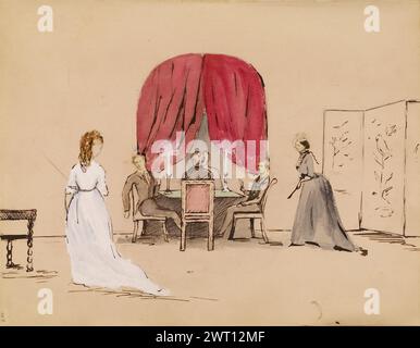 Photo collage of a parlor scene. Unknown about 1864–1870 Photo collage of a parlor scene drawn using ink and watercolor. Four male figures are seated around a table in front of red curtains, playing a game of cards. Two of the figures have photographs as their faces. A woman with a photograph pasted on the face is standing beside them. A second woman, shown from behind, appears to the left of the card table. Stock Photo