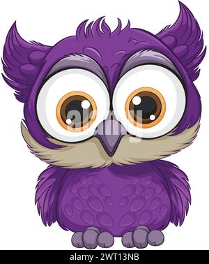 Cute, wide-eyed purple owl with fluffy feathers. Stock Vector