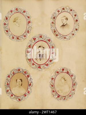 Photo collage of four female portraits and a portrait of the Honorable Oliver Montagu. Unknown about 1864–1870 This page sits in an album that intermixes pages of unaltered cartes-de-visite with photocollages. Typically made by Victorian upper-class women, the photocollaged pages might include added elements as simple as a watercolor flourish in the middle of the page or a frame drawn around a mounted photograph. The photocollages however, could also be elaborate, full-paged compositions made with a variety of drawing materials and integrating photographs, found printed materials, and/or color Stock Photo