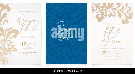 set of three wedding invitations with a golden ornament and dark blue pattern designs for Stationery, Layouts, collages, scene design, event flyer Stock Vector