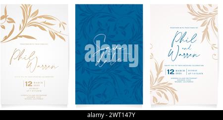 wedding invitation card with golden leaves ornate floral decorative three set minimalist styles for greetings cards template, Stationery, Layout Stock Vector