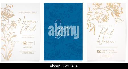 Vector illustration Wedding invitation three set cards with peony flower ornament. Save the date letter for greetings cards template, Stationery, Stock Vector