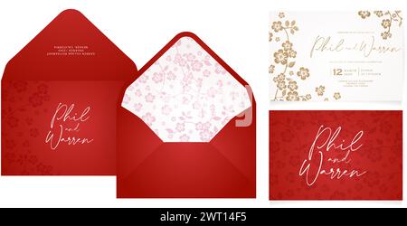 Set of business card and envelopes templates with floral ornamental cherry blossom patterns for Stationery, Layout, collage, scene designs, event Stock Vector