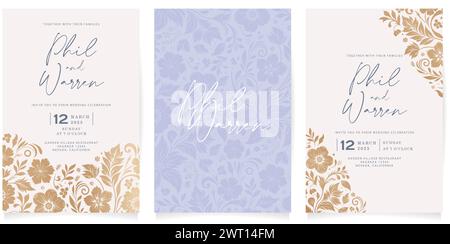 three wedding invitations cards set with gold and blue designs templates with floral background for greetings cards template, Stationery, Layout Stock Vector