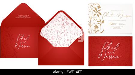 Set of red envelopes with floral ornamental swirl pattern golden foil for Stationery, Layout, collage, scene designs, event flyers, banner prints Stock Vector