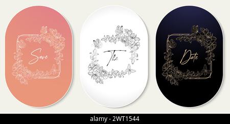 wreath rectangle frame with flower rose and butterfly vector isolated background applicable for greeting cards, wedding invitation, initial name Stock Vector