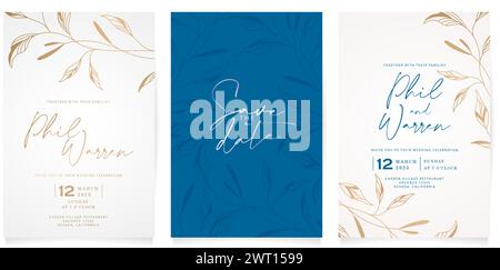vector illustration set of wedding invitation template design with gold leaves minimalist style for greetings cards template, Stationery, Layout Stock Vector