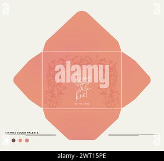 illustration of an envelope layout with wreath ornament, calming coral color isolated background with place for text applicable for wedding Stock Vector