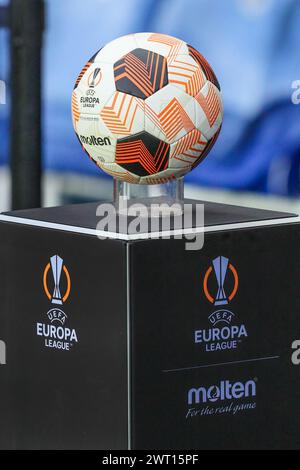 Official football of the UEFA Europa League football competition, on a formal plinth. Stock Photo