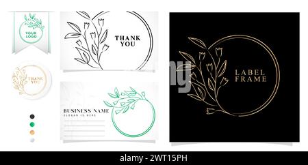set of design elements floral frame with wreath flower leaves, illustration of label brand and packaging product, applicable for wedding invitation Stock Vector