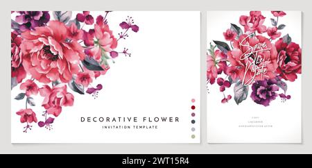 set of cards with flowers peony or rose burgundy colors isolated white backgrounds, applicable for wedding invitation, greeting cards, birthday party Stock Vector