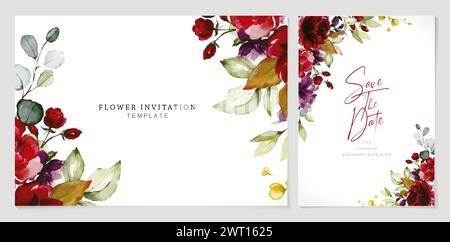 wedding invitation with flowers and leaves, rose purple and burgundy colors design isolated white background, applicable for greeting card, poster Stock Vector