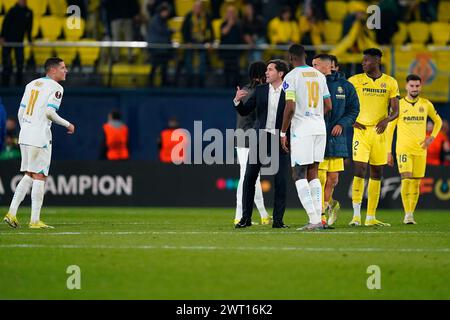 Villarreal, Spain. 14th Mar, 2024. Villarreal CF head coach Barcelona Garcia Toral argue with Amine Harit of Olympique Marseille at full time during the UEFA Europa League match, Round of 16, second leg, between Villarreal CF and Olympique Marseille played at La Ceramica Stadium on March 14, 2024 in Villarreal, Spain. (Photo by Sergio Ruiz/PRESSINPHOTO) Credit: PRESSINPHOTO SPORTS AGENCY/Alamy Live News Stock Photo