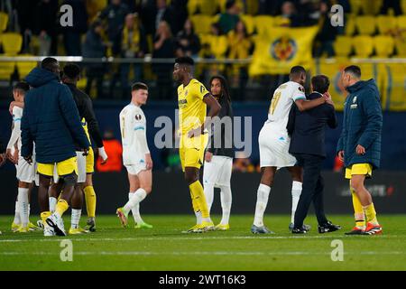 Villarreal, Spain. 14th Mar, 2024. Villarreal CF head coach Barcelona Garcia Toral argue with Amine Harit of Olympique Marseille at full time during the UEFA Europa League match, Round of 16, second leg, between Villarreal CF and Olympique Marseille played at La Ceramica Stadium on March 14, 2024 in Villarreal, Spain. (Photo by Sergio Ruiz/PRESSINPHOTO) Credit: PRESSINPHOTO SPORTS AGENCY/Alamy Live News Stock Photo