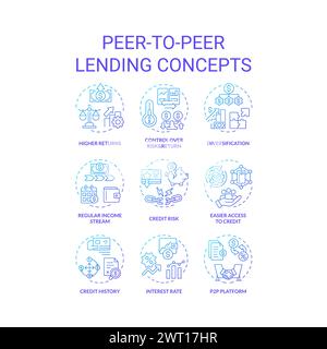 Peer-to-peer lending blue gradient concept icons Stock Vector