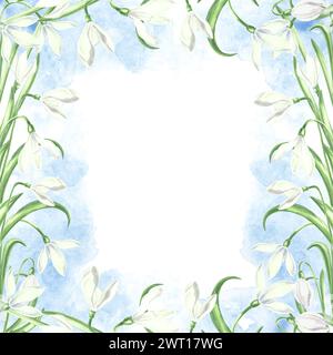 Square frame from white snowdrops with leaves on blue stain. Isolated hand drawn watercolor illustration of primroses. Floral spring postcard. Templat Stock Photo