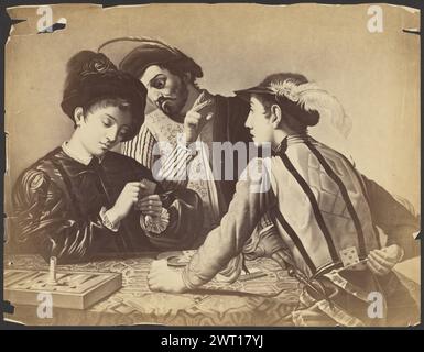 "Cardsharps" by Caravaggio. Unknown, photographer April 17, 1867 Painting of two young men playing cards, while a third older man watches. The young man in the foreground, a cardsharp, has cards tucked into his belt in the back. The older man is looking over the shoulder of one young man and is gesturing two fingers to the cardsharp. (Verso, print) upper right, pencil: "50"; center right, pencil: "Rome April 17th 1867/A.D.L."; Stock Photo