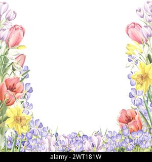 Square frame from spring flowers. Isolated hand drawn watercolor illustration of tulips, daffodils, crocuses, wild violets. Floral postcard. Template Stock Photo