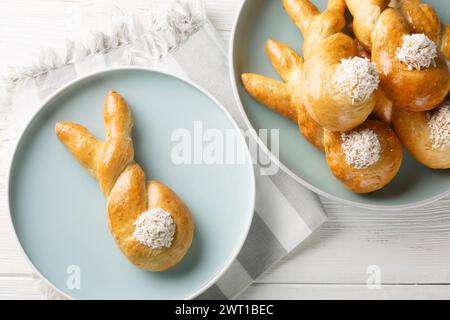Funny sweet bunnies buns with coconut closeup on a white wooden background. Horizontal top view from above Stock Photo