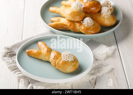 Freshly baked easter bunny made from yeast dough closeup on the plate on the table. Horizontal Stock Photo