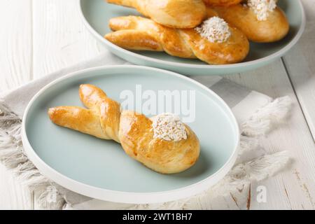 Bunny twist Buns are made with a sweet cinnamon bread dough closeup on the plate on the table. Horizontal Stock Photo
