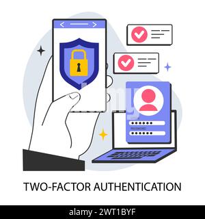 Two-factor authentication. Profile and account security. Login and password verification. Protection of personal data. Digital technology of user identification. Flat vector illustration Stock Vector
