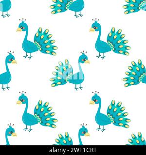 Seamless pattern with turquoise peacock bird, on white background, children's pattern  for fabric, wrapping paper, wallpaper Stock Vector