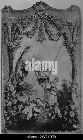 Swing. Huet, Jean-Baptiste (French, 1745-1811) (author of design) [painter] De Menou (French, act. 1780-1793) (workshop) [weaver] c. 1780-1790 Tapestry Dimensions: H 2.10 x W 1.42 m Tapestry Materials/Techniques: wool (warp); wool & silk (weft) Culture: French Weaving Center: Beauvais Ownership History: Edward Tuck coll. France, Paris, Paris, Musée du Petit Palais. Boy on swing with tree on L, girl on R holds rope attached to swing, boy with lamb sits at her feet, girl seated on ground on L looks towards figures (BRD) scene framed by palm trees with tall flowering stems at base & floral garlan Stock Photo