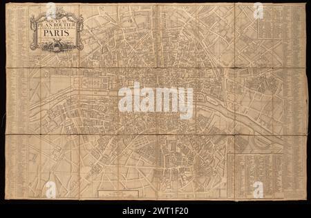 Nouveau plan routier de la ville et faubourgs de Paris, 1775. 1775 Streets and notable buildings indexed to grid labelled 1-8, A-M. Cut in 24 panels and mounted on linen. Scale approximately 1:9,500. Getty copy annotated in ink on verso: Plan de Paris, 1775. Indexed by: Boutier, J. Plans de Paris, 305 D. Stock Photo