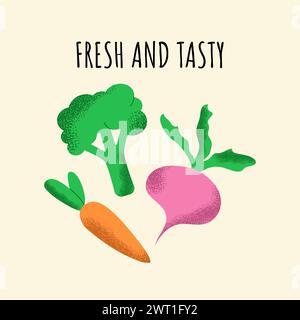 Handdrawn vegetables with texture and text Fresh and tasty. Vector design for tote bag, t-shirt, cover.  Stock Vector