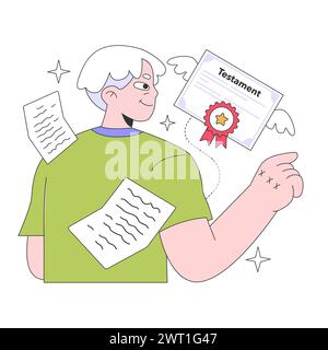Senior life milestone. Getting old and maturing. Retired man making a will. Old character write a testament. Property transferring paper. Flat vector illustration. Stock Vector