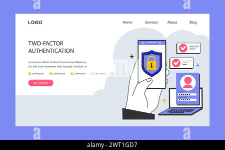 Two-factor authentication web banner or landing page. Profile and account security. Login and password verification. Protection of personal data. User identification. Flat vector illustration Stock Vector